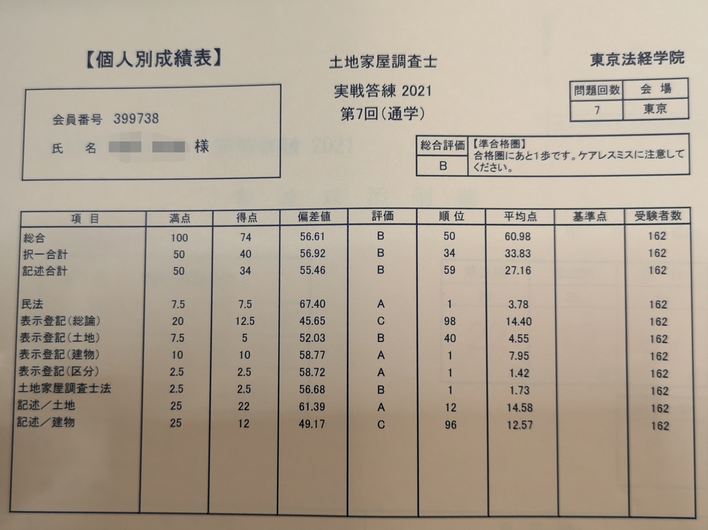 実戦答練　第7回　74点
