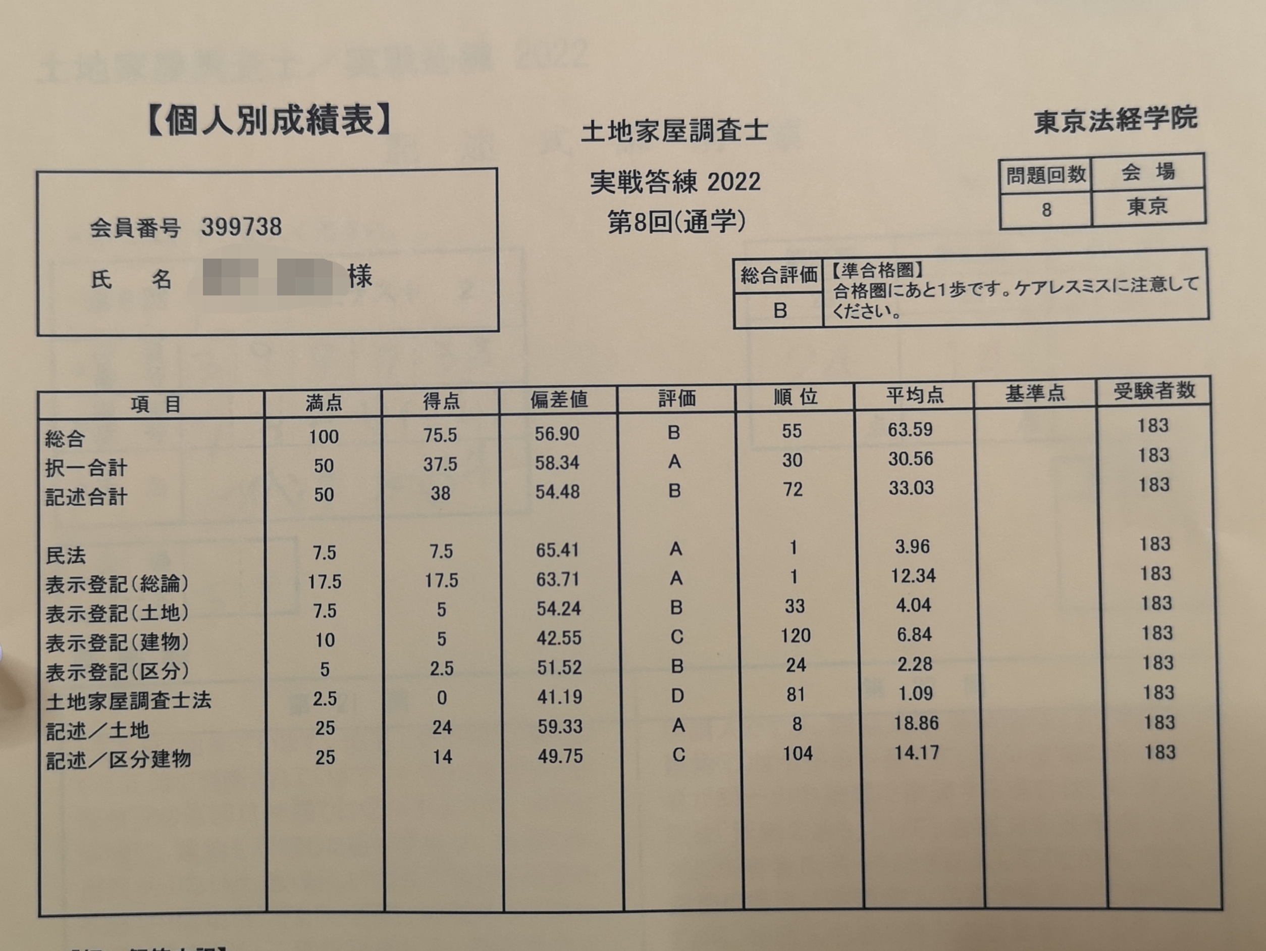 実戦答練　第8回　75.5点